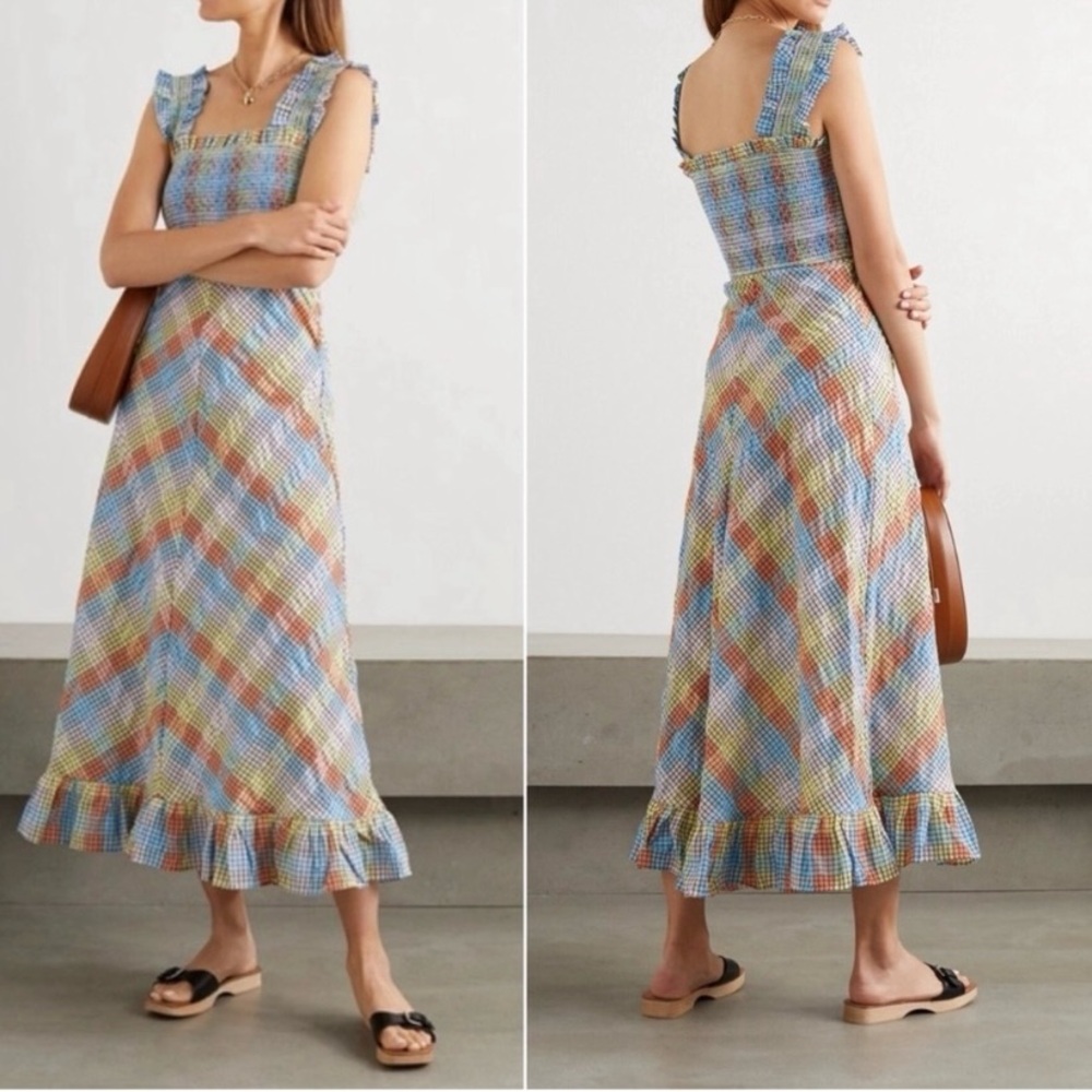 Ganni Size 40 (8/10) Rainbow Multi-Colored Seersucker Plaid Maxi Dress